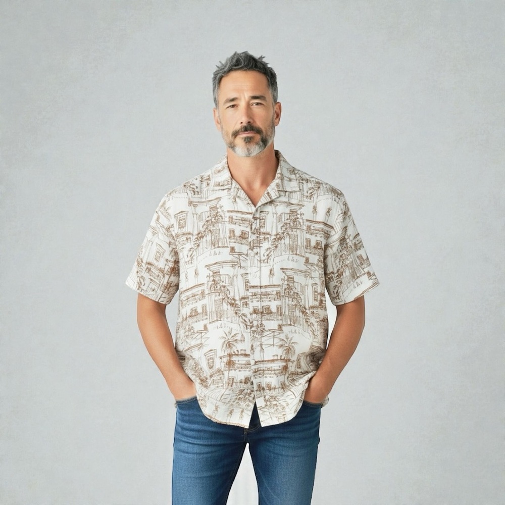 Common People Scenic Print Short Sleeve Button-Front Shirt Men’s M 100% Cotton